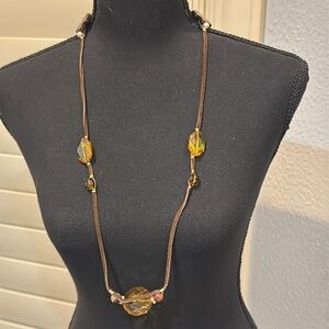 Vintage boho large crystal leather tie necklace